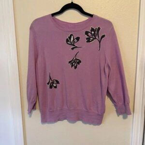 St. John 100% Wool Lightweight Pink Floral 3/4 Sleeve Sweater Sz S